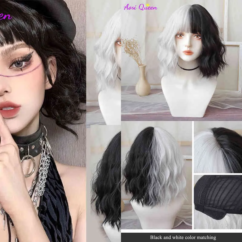 Wavy Wig with Bangsblack and White Shuangpin Color Synthetic Lolita for Women High Temperature Wire Cosplay 220622
