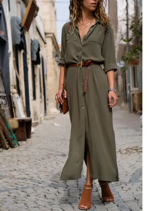 Womens Casual Long Sleeve Maxi Dress Oversized Kaftan Shirt Army Green Polyester Summer Clothing From Fjlongbida 21.53 DHgate.Com