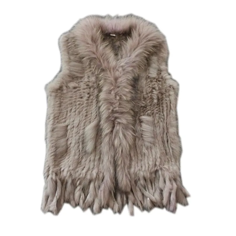 Real ladies Genuine Knitted Rabbit Fur Vest With Raccoon Trimming Waistcoat Winter Jacket harppihop fur 210915