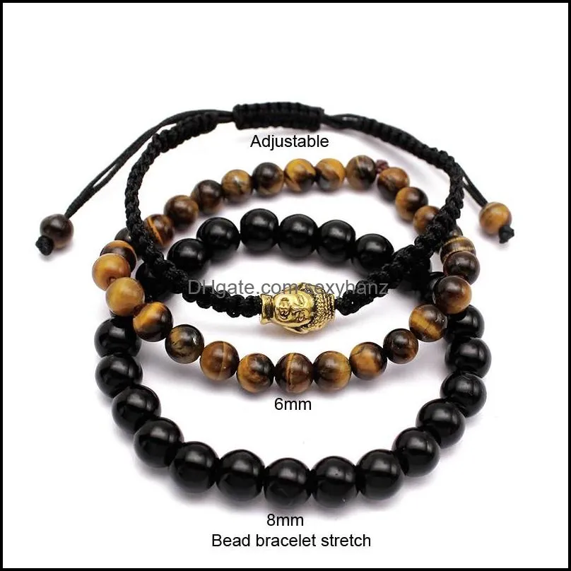 3 Pcs/ Lot Beads Bracelets Red String Rope Braided Bracelet Men Bead Buddha Tiger Eye Beads Black Natural Stone Wholesale Jewelry For Men