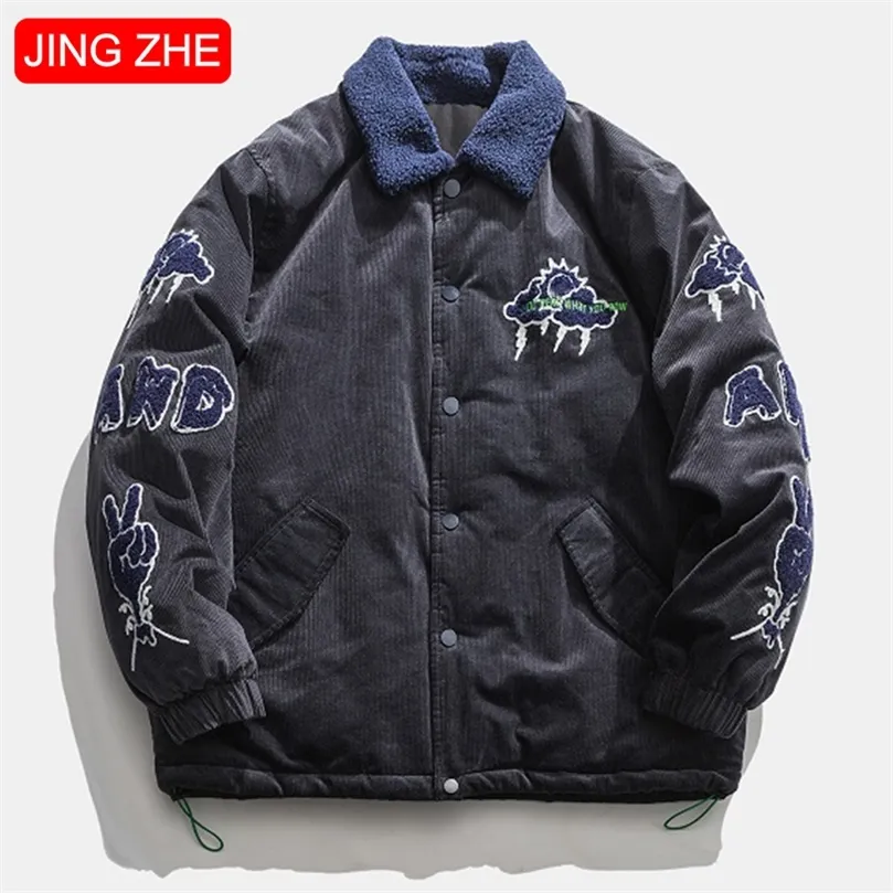 Jing Zhe Corduroy 남자 자켓 코튼 코트 가을 겨울 수 놓은 자켓 남성 outwear 두꺼운 패딩 파카 윈드 브레이커 재킷 201127