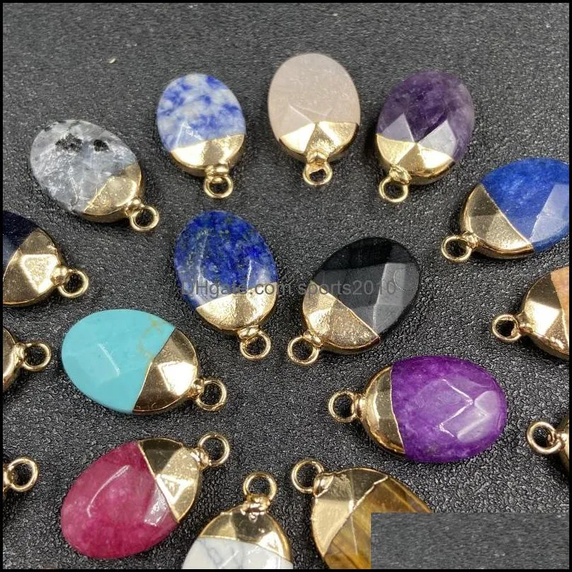 gold plating oval shape natural stone charms agate crystal turquoises jades opal stones pendant for jewelry making earrings sports2010