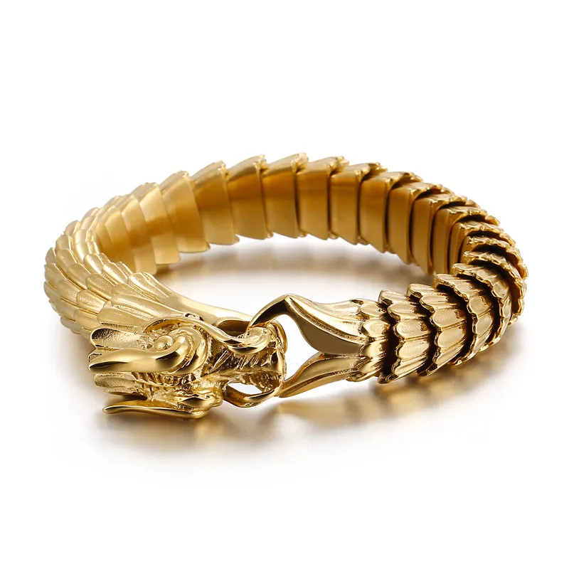 Goldenes Sternzeichen-Drachen-Armband, Schuppenmuster, herrschsüchtiges Herren-Gliederkettenarmband, Vintage-Kielarmreif aus Edelstahl, 15 mm, 8,66 Zoll, 155 g Gewicht