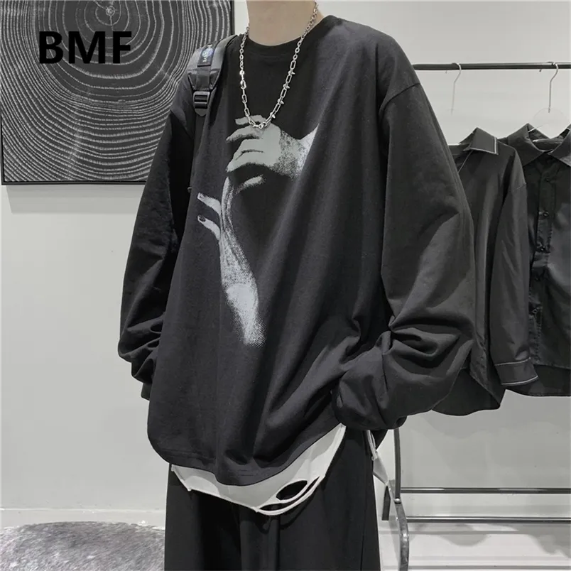 T-shirt a maniche lunghe autunno Moda allentata Ulzzang Stampa Top Hip Hop T-shirt oversize Abbigliamento uomo Abbigliamento stile coreano 220315