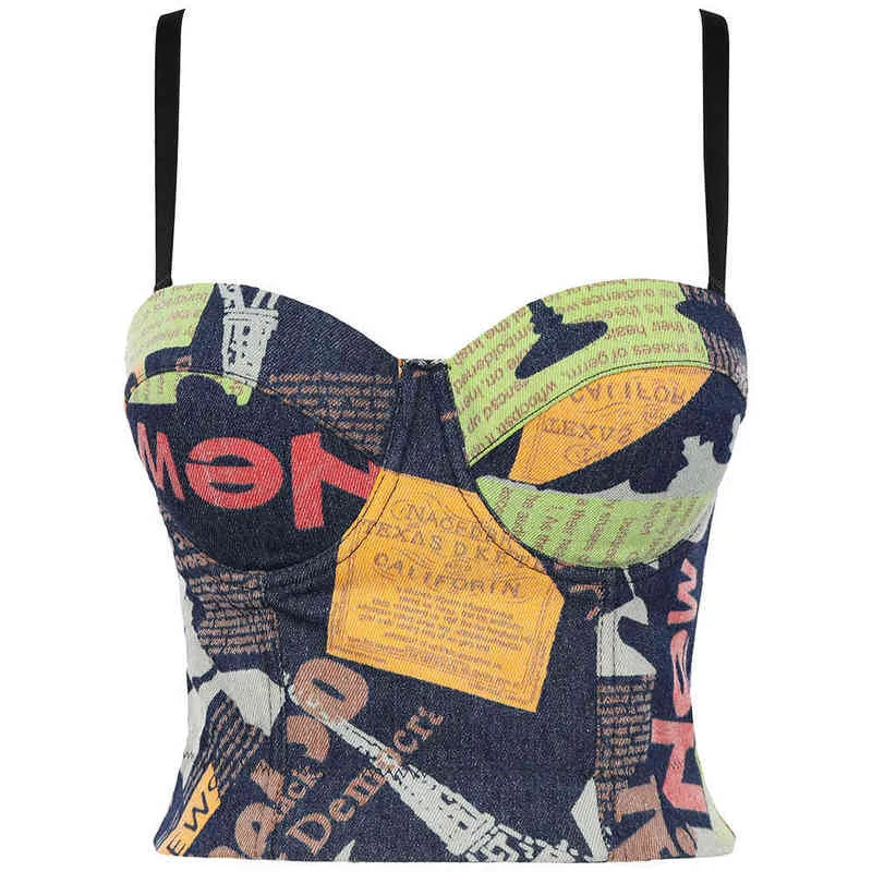 Primavera 2022 corsetto di jeans femminile sexy con coppa discoteca partito corto da donna camis in reggiseno corto crop top push up petto YH1193 G220414