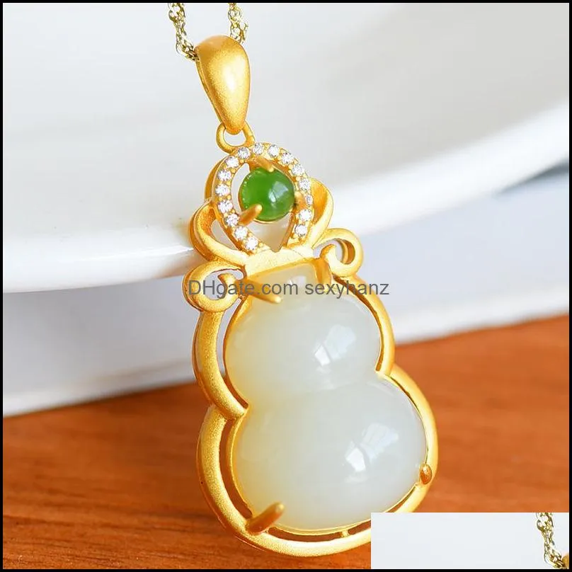 Natural Green Hetian Jade Gourd Pendant Silver Necklace Chinese Carved Charm Jewelry Fashion Amulet For Women Lucky Gifts 1290 Q2