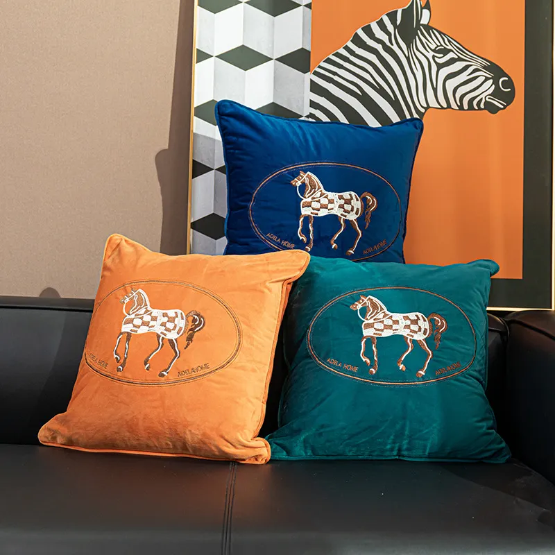 Dutch Velvet Embroidery Horse Pillow Cases Nordic Designer Orange Blue Black Beige Cushion Covers Living Room Sofa Throw Pillow Cover