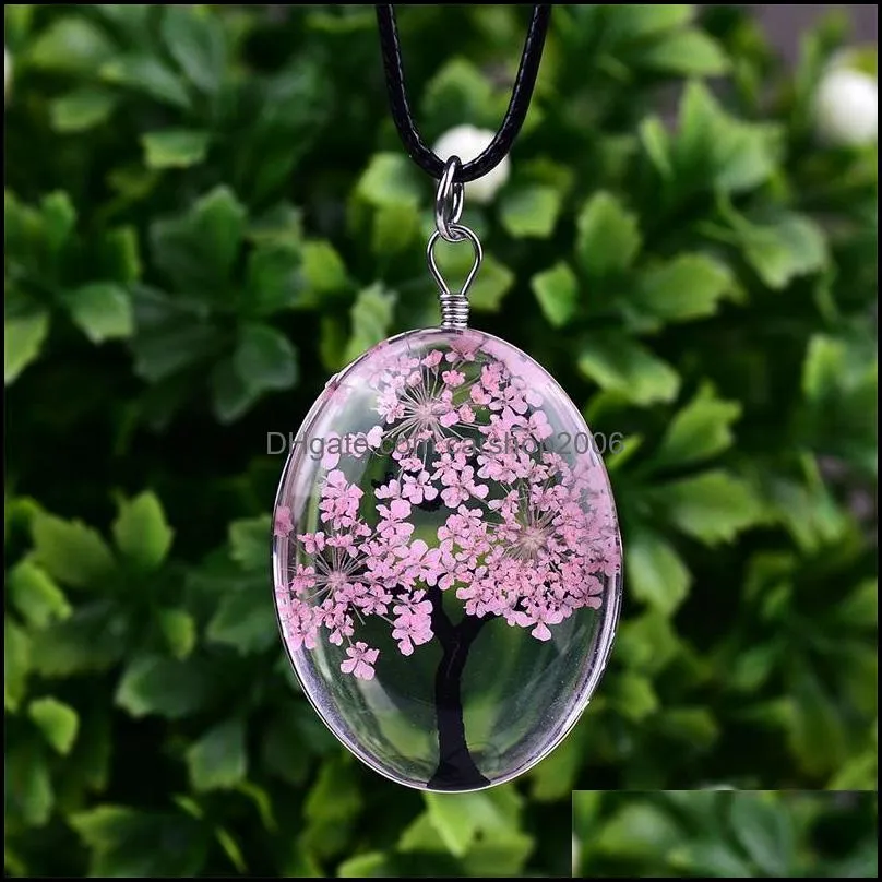 Oval Tree Of Life Glass Necklaces For Women Dried flowers specimen Pendant Leather chain Fashion Jewelry Gift 2954 Q2