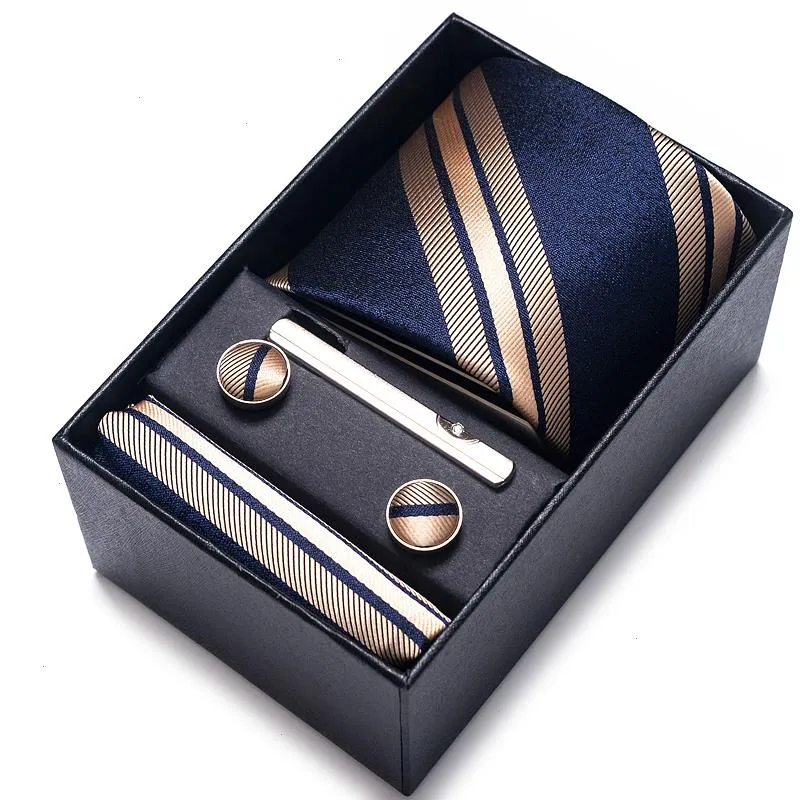 Cravatta di marca di seta Fazzoletto Set di gemelli Cravatta Scatola per le vacanze Mans Accessori per abiti in oro blu Cravatta sottile Gravatas da sposa