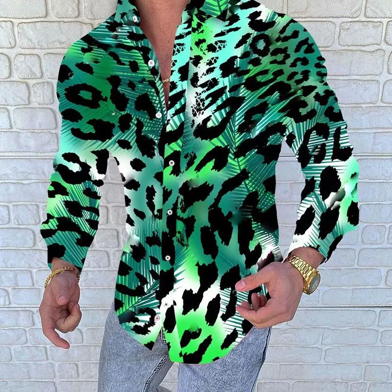 Мужские повседневные рубашки лето свободный рукав негабаритный рубашка мужчина тигр леопардовый принт лацка на пуговицах пуговица в блуз