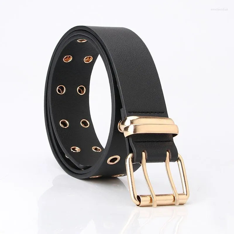 Belts Two Row Eyelet Pu Belt Women Men Fashion Gold Pin Buckle Female Jeans Dress Brand Design Waistband 2022Belts Emel22