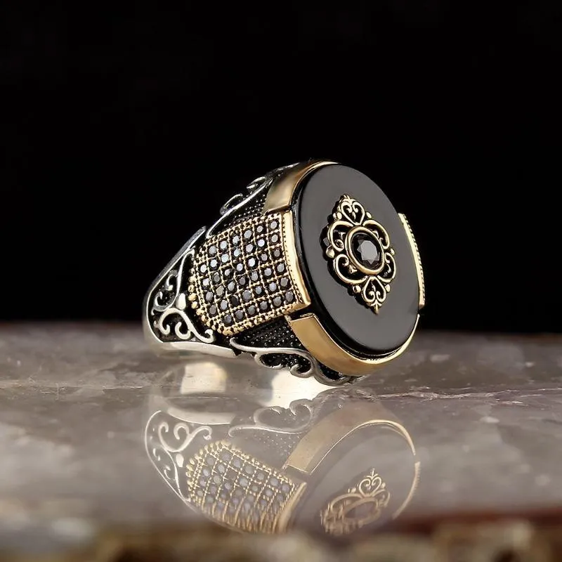 Anel de prata esterlina de anéis de cluster para homens negros jóias de pedra de pedra vintage AQEQ Mens All Sizecluster