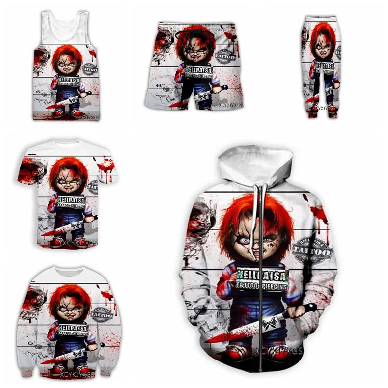 2022 New Horror Movie Chucky Stampato Moda 3D Uomo/Donna Fantastico Modello Felpa/T-shirt/felpe con cappuccio/Gilet/Pantaloni/Pantaloncini/Felpa con cappuccio GG08