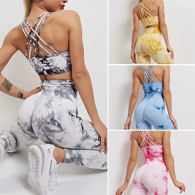 Sans couture Tie-Dyed Yoga Ensembles Sports Fitness Taille Haute Hip Raise Pantalon Découpe Soutien-Gorge Costume Vêtements D'entraînement Gym Leggings Ensemble pour Femmes 220330