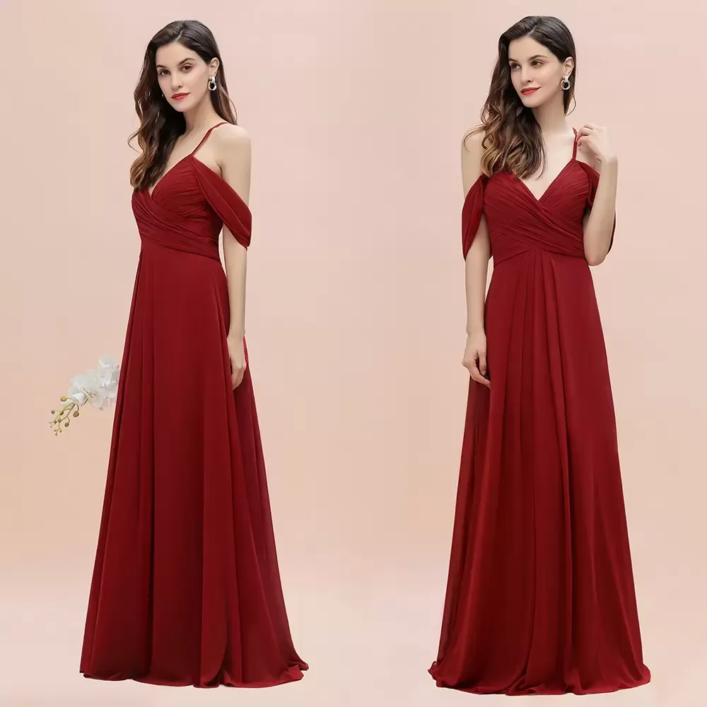 Red Bridesmeisje jurken Designer Een lijn spaghetti riemen Backless Long Chiffon Summer Country Bruiloft Gast de honorjury op maat gemaakte 50 kleuren BM3002