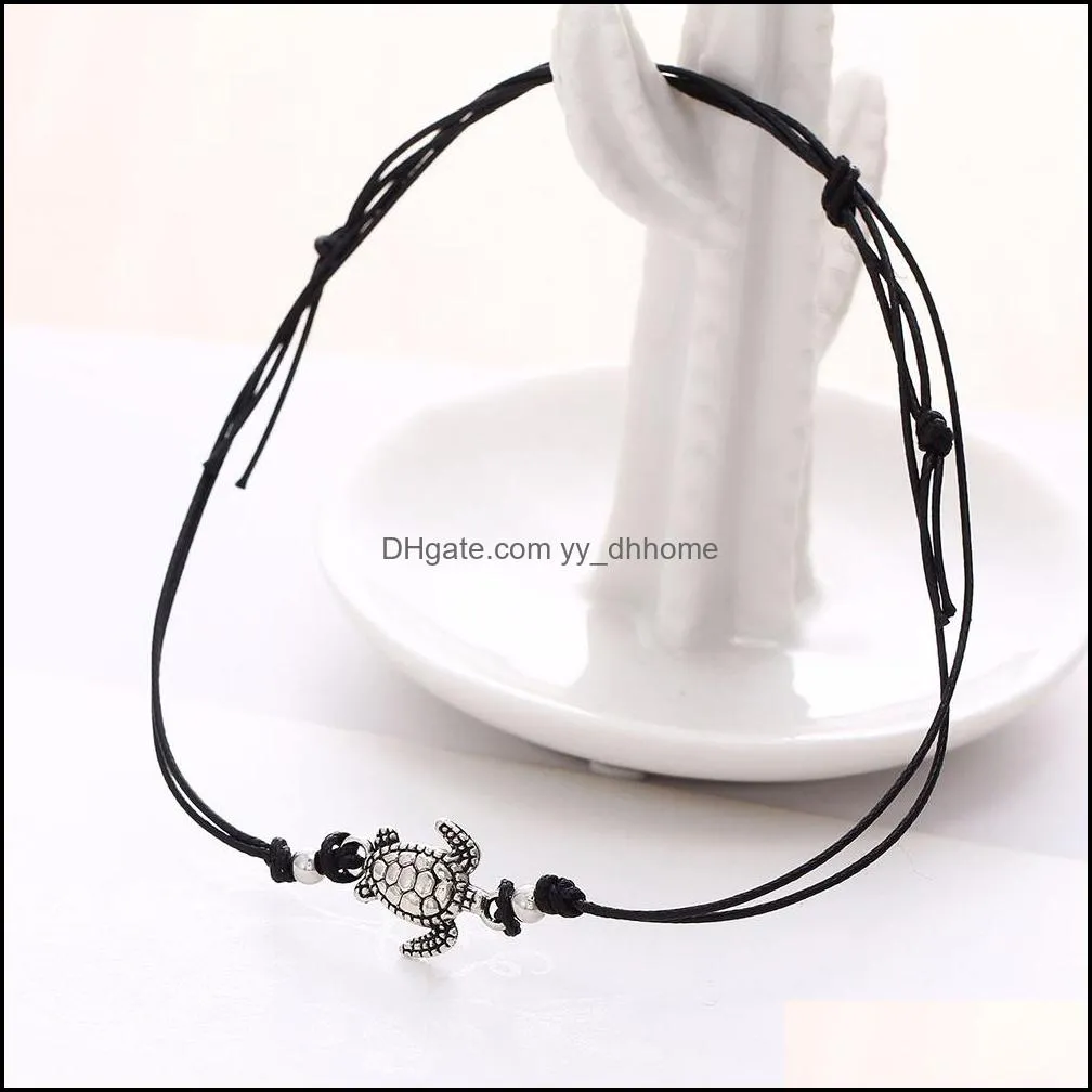 New Vintage Sea Turtle Bracelet Anklet White Black Blue 3 Colors Wax Rope Beach Anklets for Women Bohemian Jewelry Wholesale