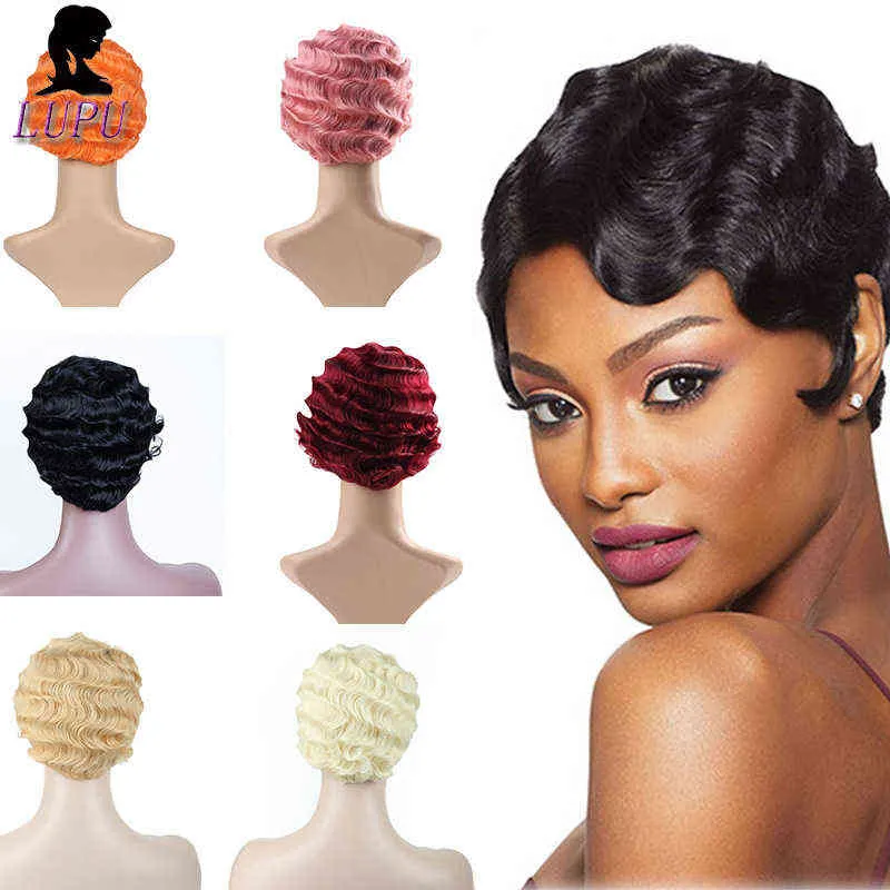 Synthetic Short Finger Wave Wig Black Pink Red Cosplay Hair High Temperture Fiber Wigs for Women Lupuwig 220622