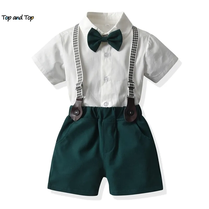 and top Fashion Toddler Kids Boys Gentleman Clothing Set Formal White Short Sleeve Shirts with BowtieOveralls Casual Suits 220615