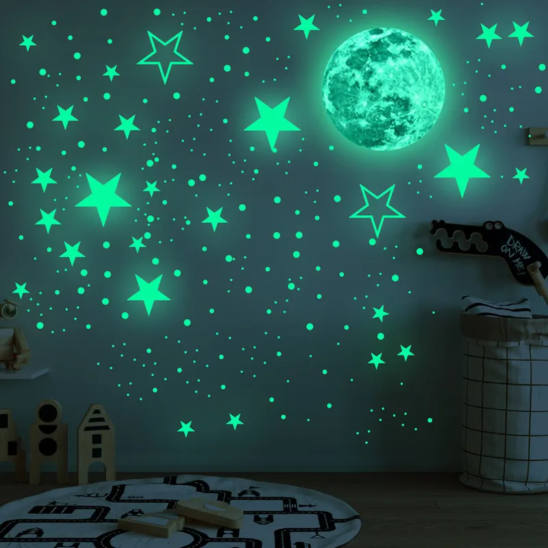 30cm Moon 435pcs Stars Dots Green Luminous Wall Sticker Children Room Ceiling Stairs Wallpaper Fluorescent Mural Decals 220607