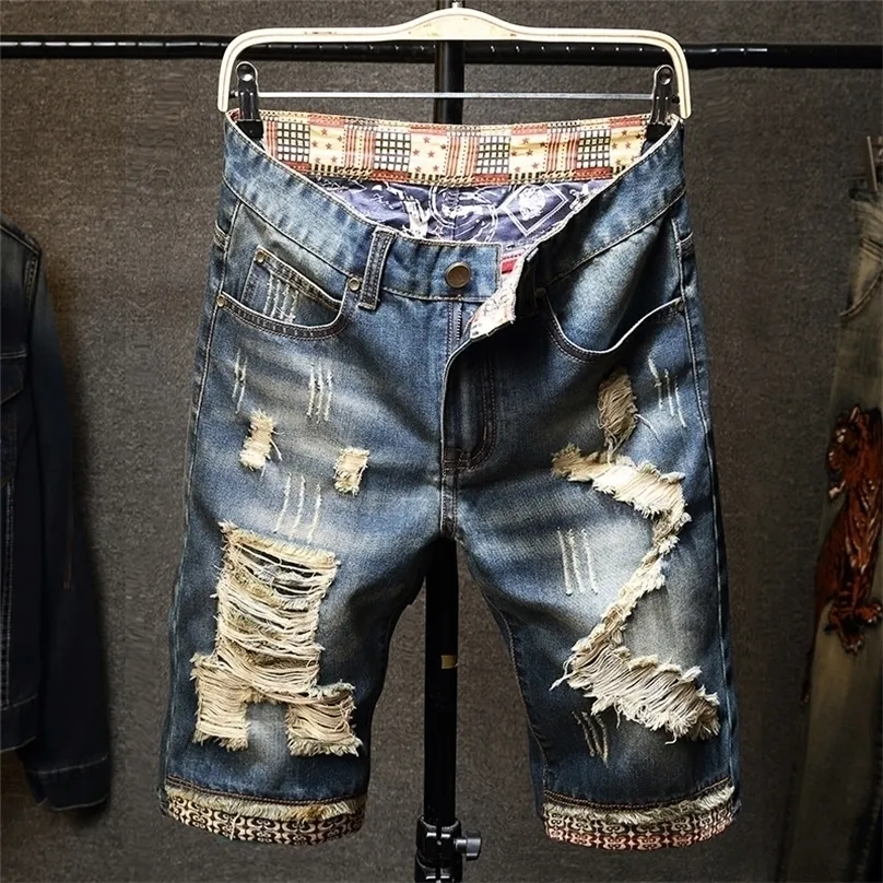 Sommar män rippade korta jeans streetwear big hole mode vintage blå slim denim shorts varumärke kläder 220318