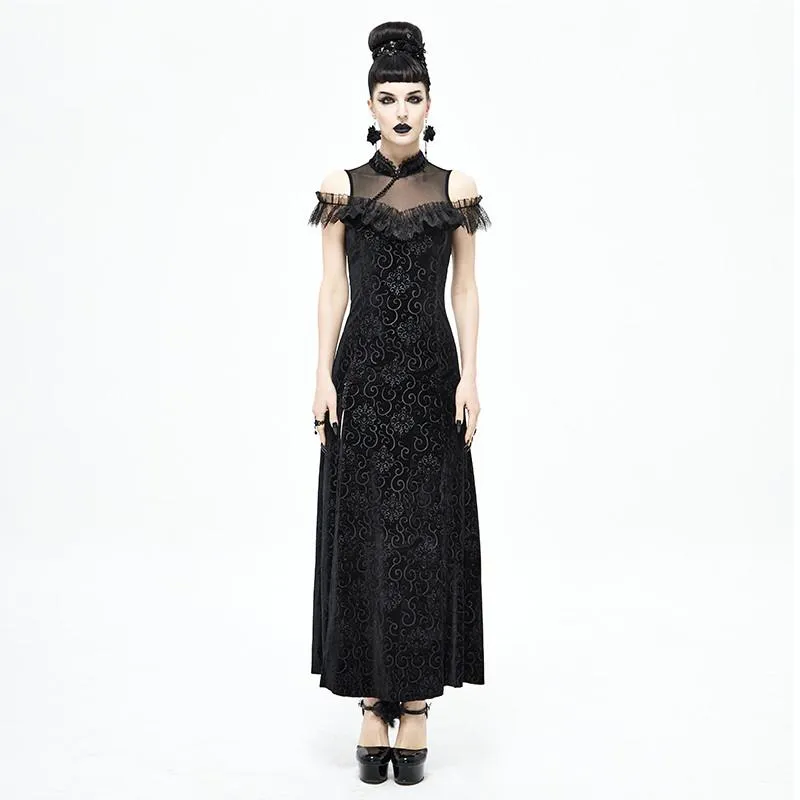 Casual Dresses Gothic High-neck Off-shoulder Open-back Lace-up Mesh One-way Neck Lace Dress Improved Version Of The High-slit CheongsamCasua