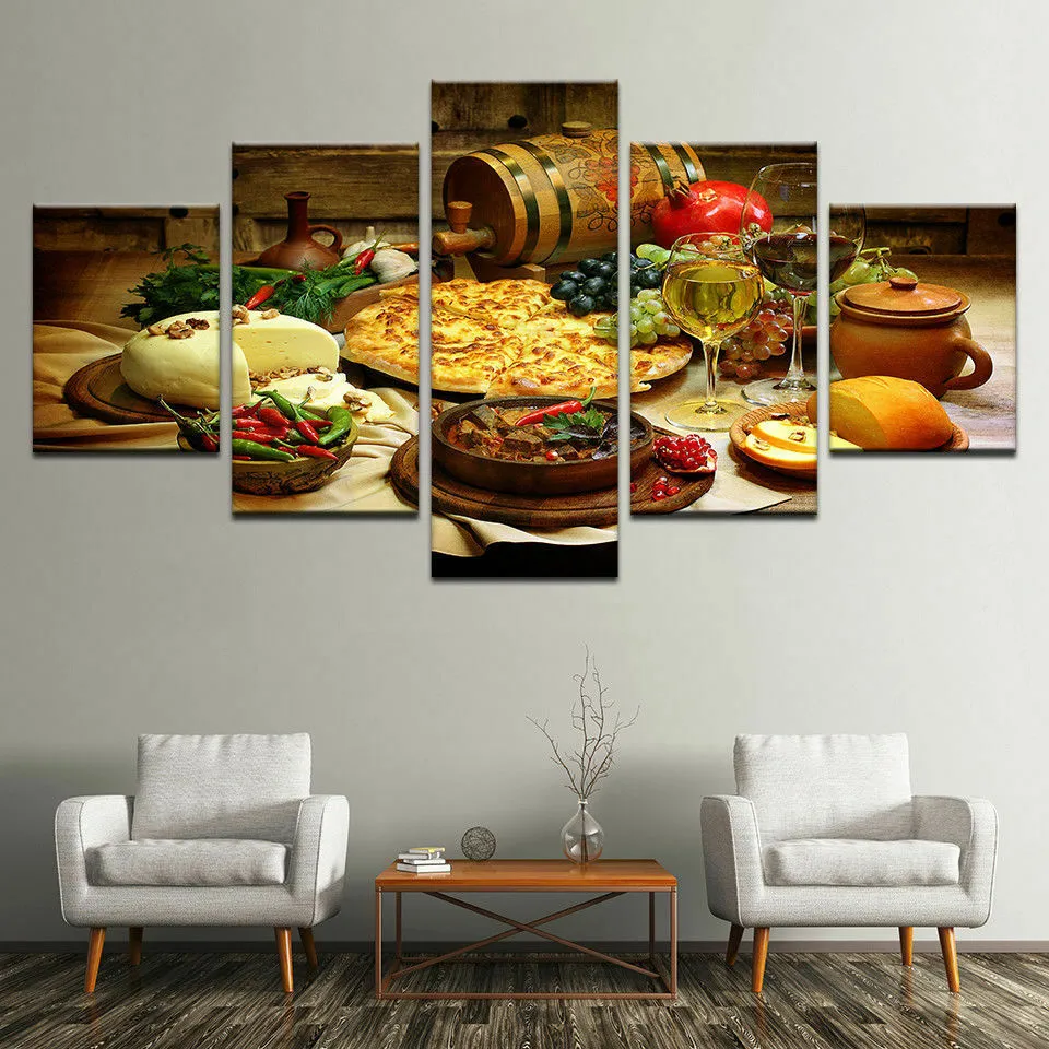 レストランキッチンフードワインライフポスター5 PCモダンアートウォール写真印刷HDキャンバスホームリビングルーム装飾