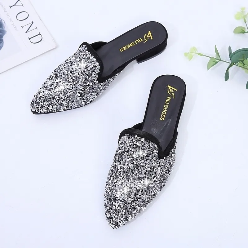 Mules Slipper Chaussures Femme Mules Mode Cristal Bling Chaussure Carré Talons Bas Chaussures Élégantes Femme Pantoufle Casual Chaussures Y200423