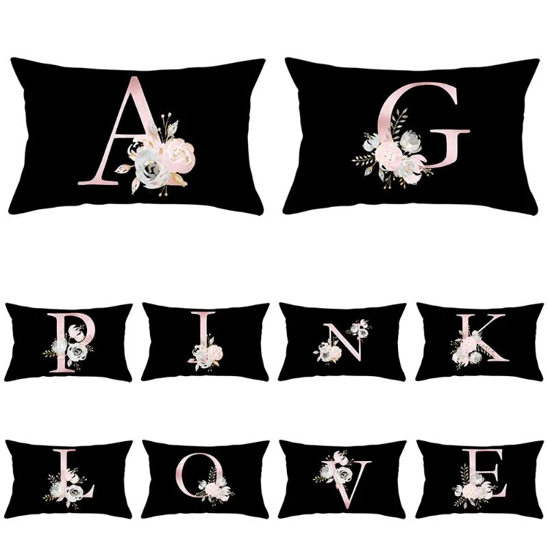 Coussin/oreiller décoratif rose clair lettre fleur combiner étui en peluche noir super doux salon canapé décoratif rectangle housse de coussin 3