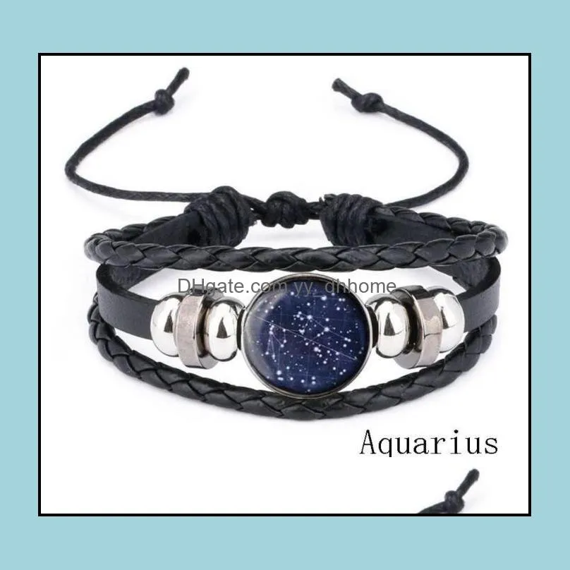 zodiac sign bracelet jewelry with black leather multilayer 12 constellation pattern glass cabochon bracelet bangle for men