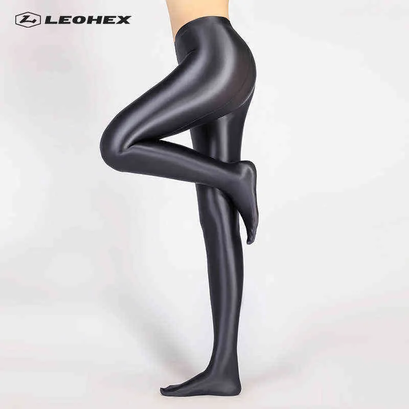 LEOHEX Spandex GLOSSY OPAQUE Panty Glanzende hoge taille Panty Sexy Kousen yoga broek training vrouwen sport leggings fitness H220429
