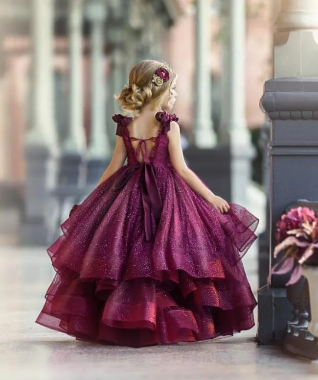 2021 Burgundy Flower Girl Dresses for Wedding Lace Beads 3D Floral Appliqued Little Girls Pageant Dresses Party Gowns Princess Wear