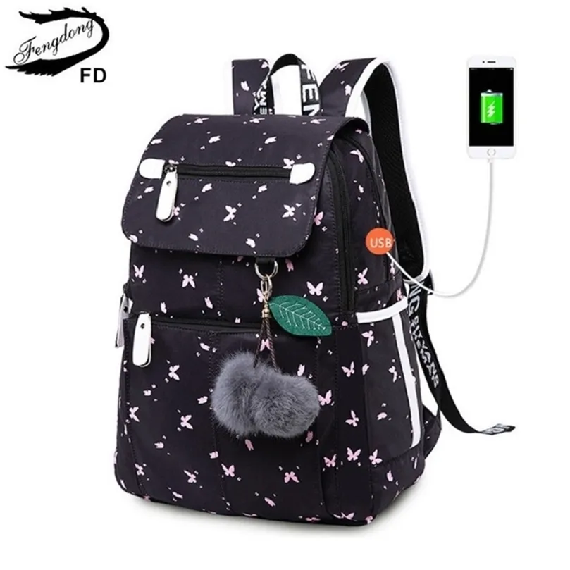 Fengdong женская мода школа рюкзака USB школьные сумки для девочек черный рюкзак плюшевый мяч девушка школьная сумка бабочка украшение lj201225