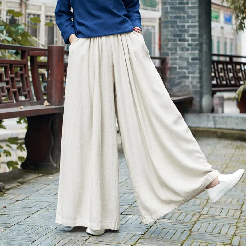 Ethnic Clothing Women'S Chinese Cotton Linen Pants Long Wide Leg Summer ...