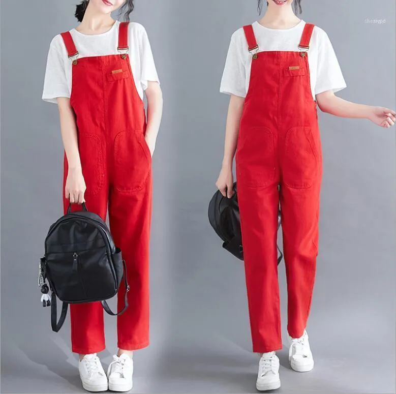 Red Denim Jumpsuits Dżinsy dla kobiet śliniaków kombinezon Kobieta swobodne kieszenie długi luźne chłopak Rompers1