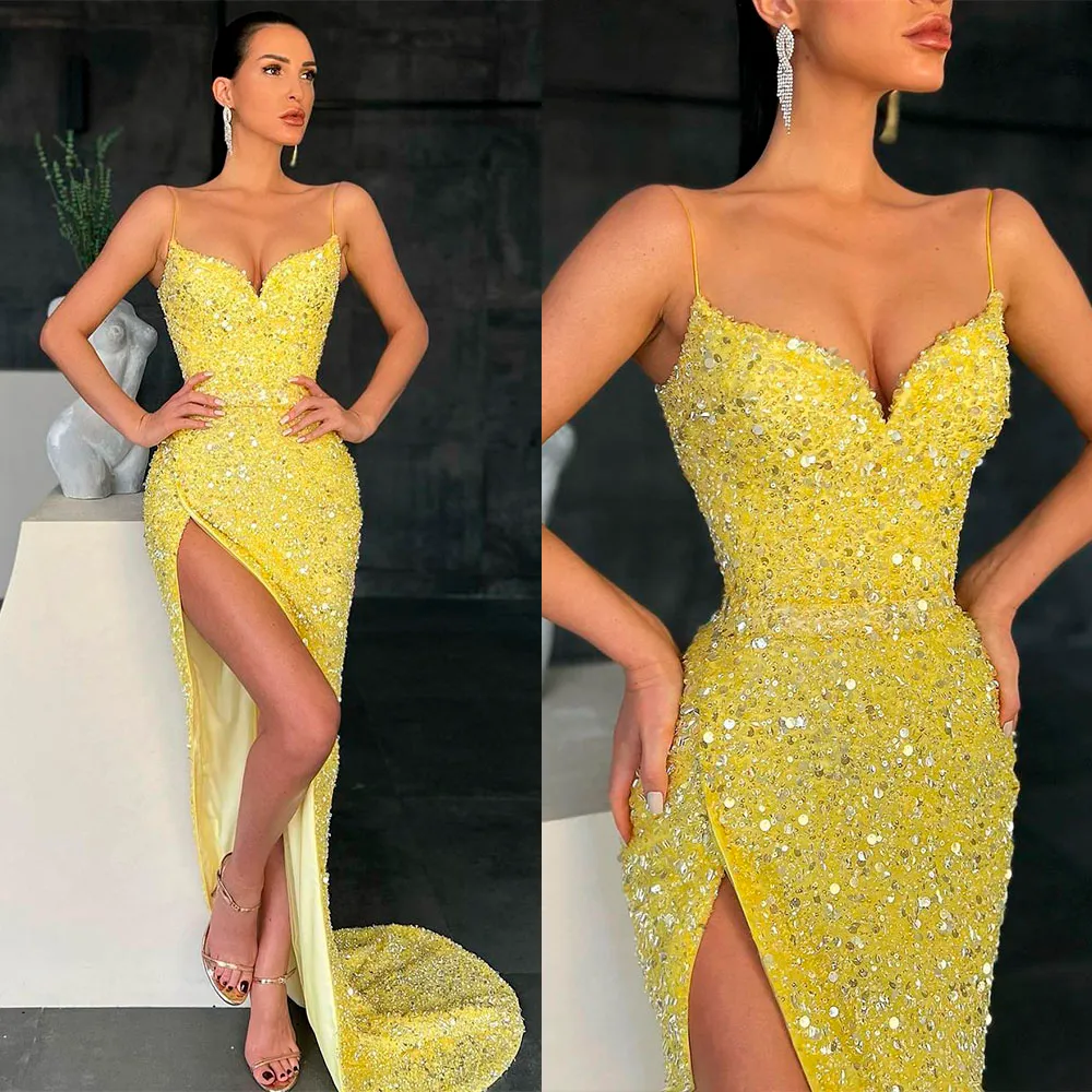 Sexy Ballkleider mit Pailletten, ärmellos, nach Maß, geteilt, rückenfrei, Spaghetti-Rennen, formelles Abendkleid Robes De Mari￩e