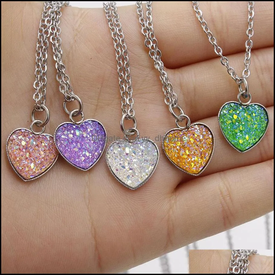 Fashion Popular Druzy Necklace Stainless steel Gevometry Resin Stone Drusy Heart Necklace For women jewelry