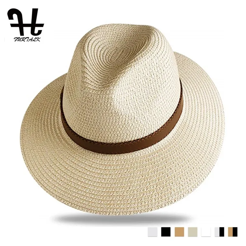 FURTALK Chapéu de Palha de Verão para Homens Mulheres Chapéus de Sol Praia Homens Jazz Panamá Chapéus Fedora Aba Larga Boné de Protecção Solar com Cinto de Couro 220725