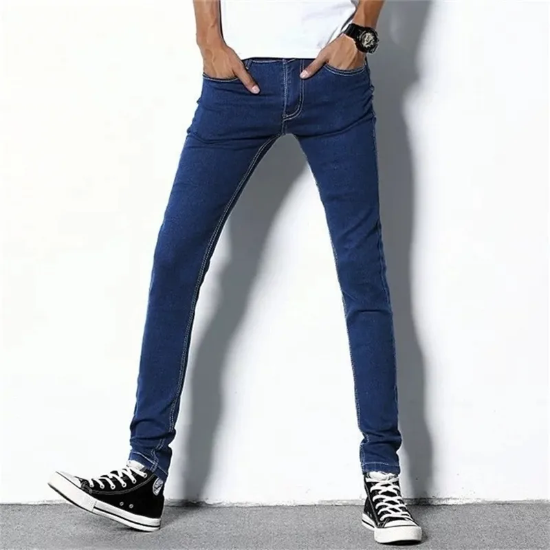 Jeans skinny da uomo uomo coreano slim sottile puro nero blu denim pantaloni lunghi adolescenti ragazzi pantaloni a matita elasticizzata 201111