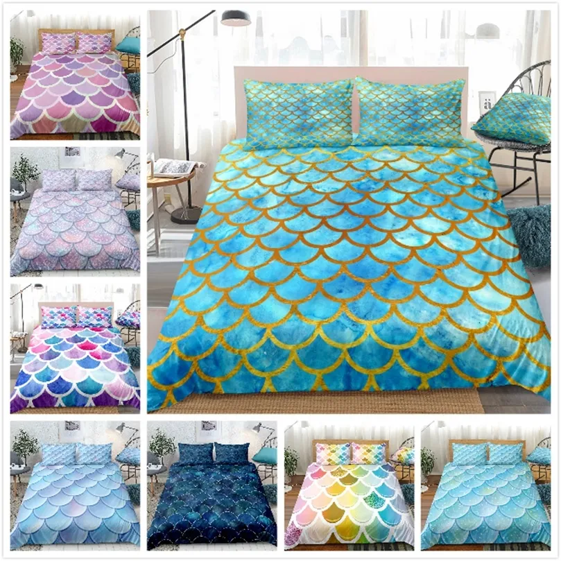 9Colors sjöjungfru skalor sängkläder set 3st Fish Scales Däcke Cover Set Colorful Quilt Cover Queen Bed Set 220531