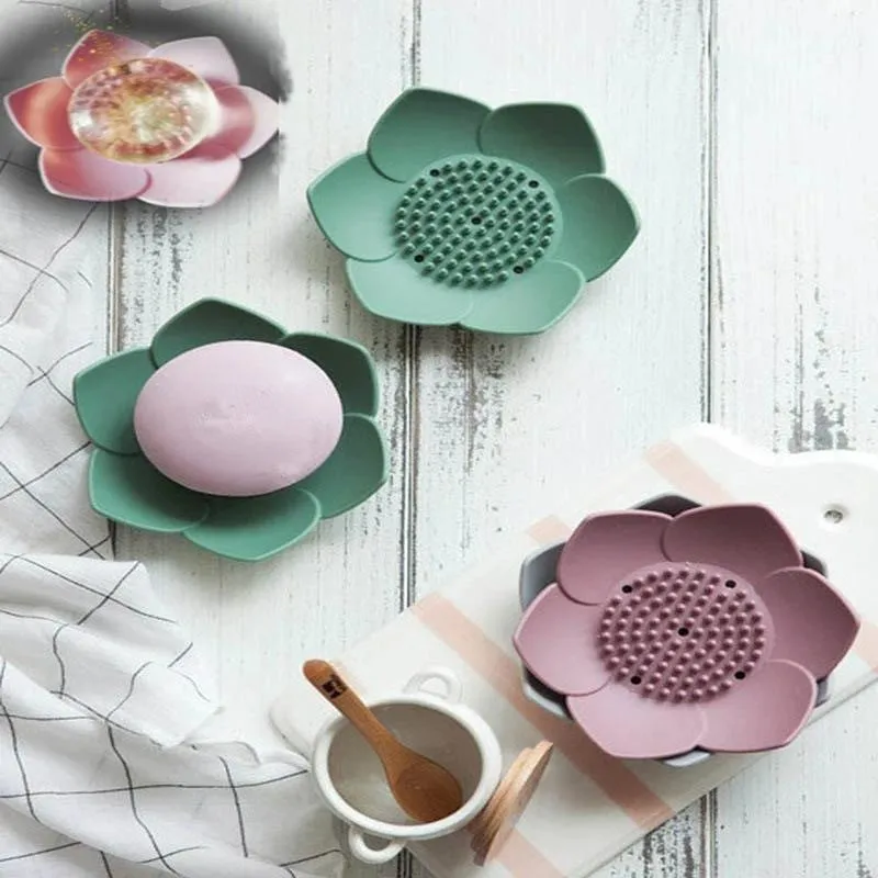 Tvålbox lotus form icke-halk bärbar silikon för vattenavloppningar fast färg dränering tvål maträtt badrum
