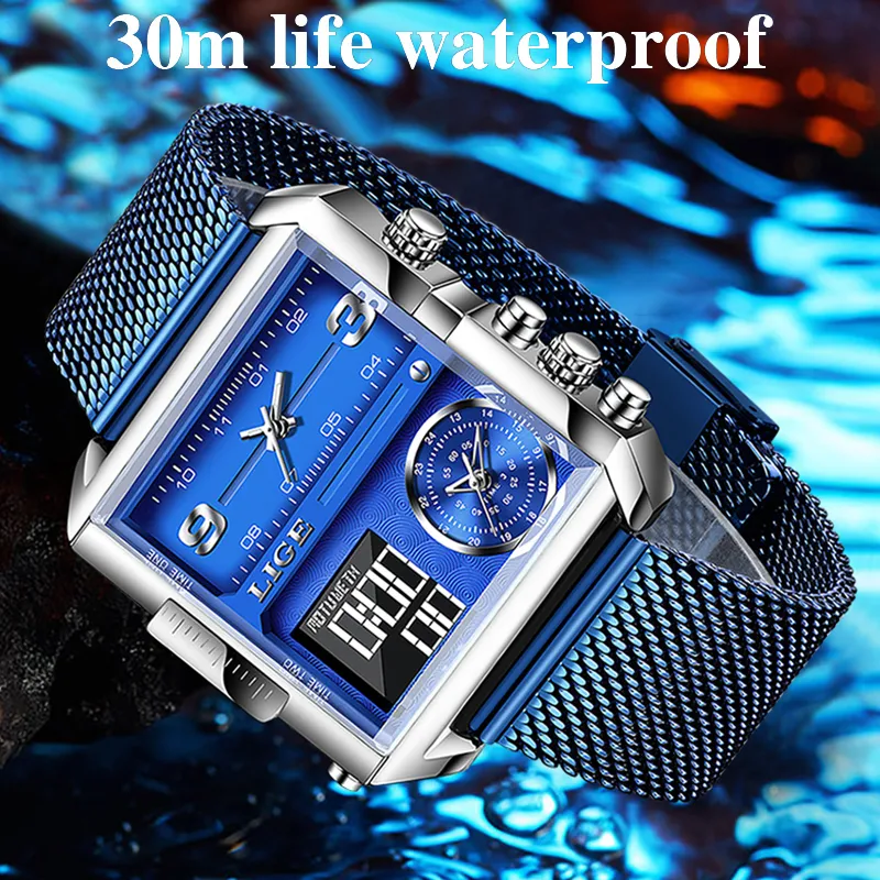 LIGE Luxe Hommes Quartz Montre Numérique Creative Sport Montres Homme  Montre-Bracelet Étanche Montre Homme Horloge Relogio Masculinobox 220523