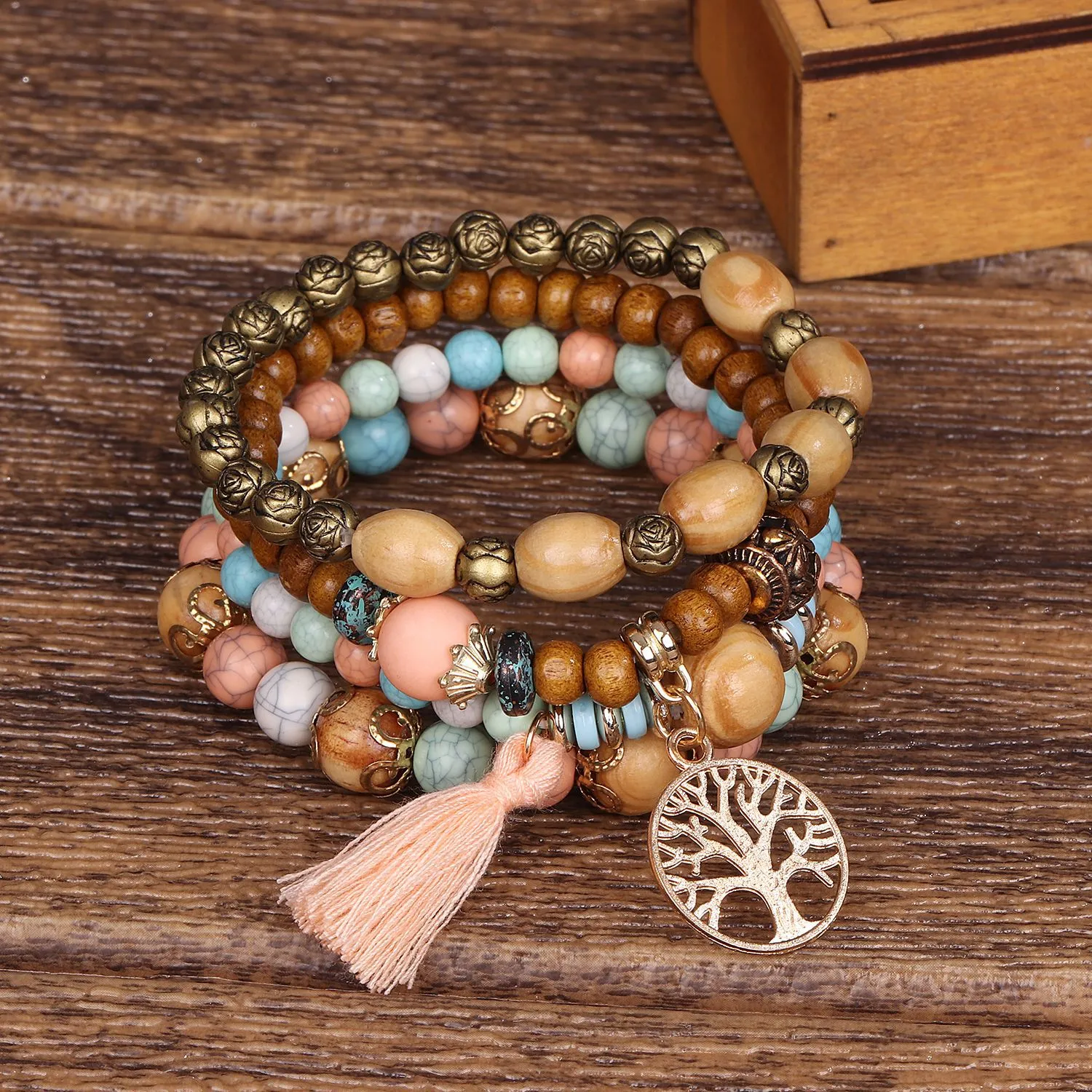Boho Tree Of Life Bracelet With Tassel And Wooden Beads Multilayer Elastic Braided Bangle For Women And Men Fashionable And Elegant Boho Jewelry Gift From Yambags 2 DHgate.Com