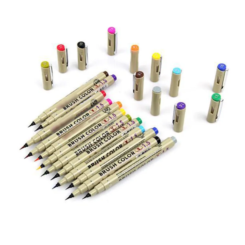 Färgglad mjuk huvudborste nålrörssignatur penna 12 färger professionell ritning penna komisk design krok linje stroke pennor xg0249 högsta kvalitet