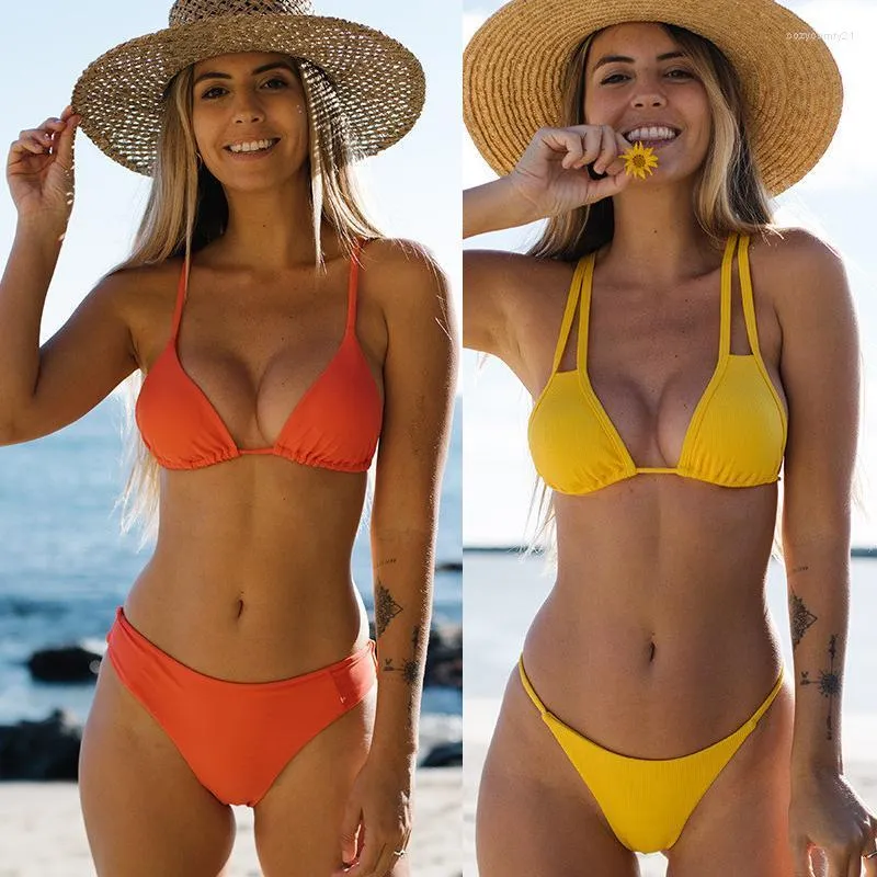 Badkläder kvinnor 2022 sexig mikro bikini brasiliansk solid gul g-sträng baddräkter badare baddräkt 2 bit set traje de bano kvinnor