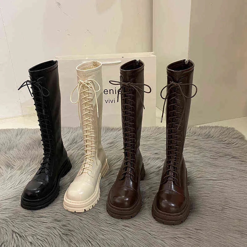 2022 Nya lår höga stövlar mode kvinnliga Knight Knee-High Boots Chunky Leather Women's Shoes Winter Long Boots Woman Y220817