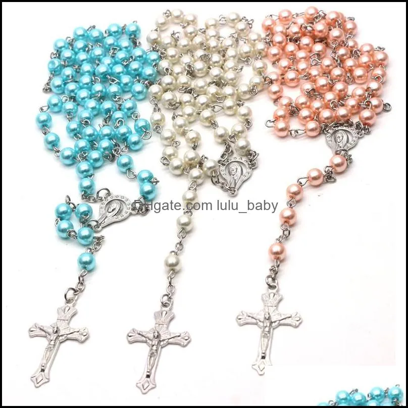 religious jesus prayer necklaces high quality pearl 6mm rosary neckalce charm jewelry handmade cross pendant chain free dhl