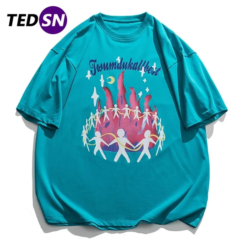 TEDSN Letters Campfire Cartoon Graffiti T Shirts Men Casual Streetwear Summer Harajuku Loose Tops Tees Short Sleeve Tshirt Mens 220622