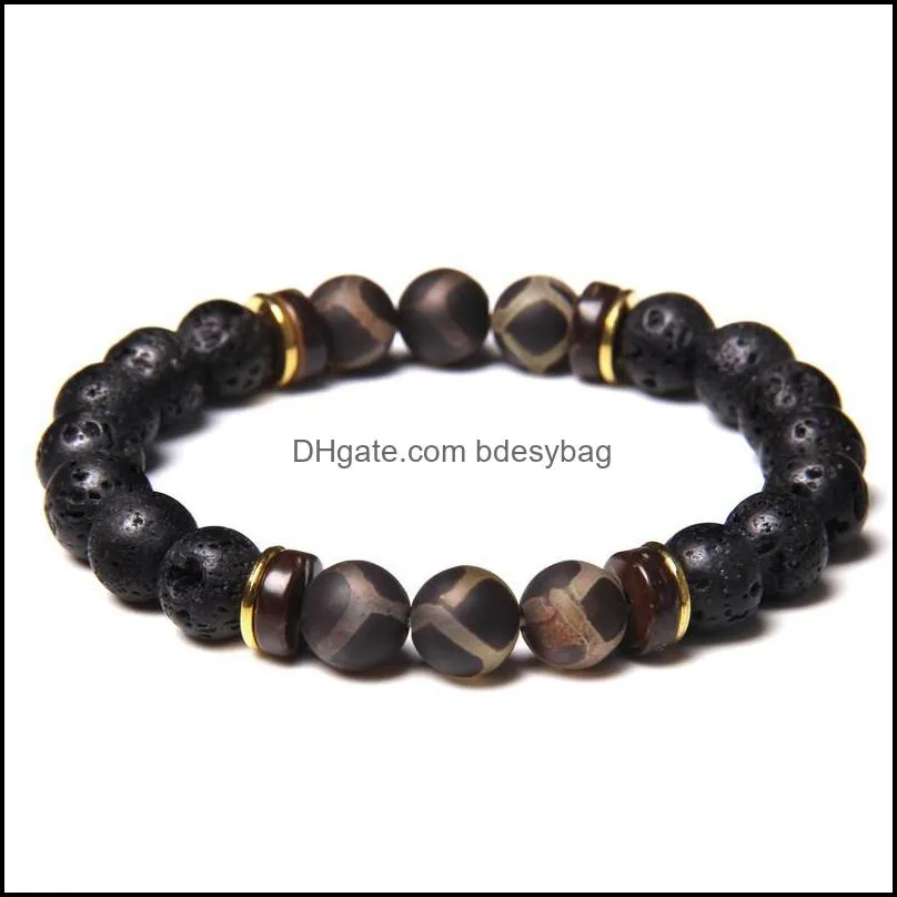 beaded strands men bracelets buddhism tibetan agat wood charm bracelet black natural lava rock stone bangle stretch jewelry women yoga