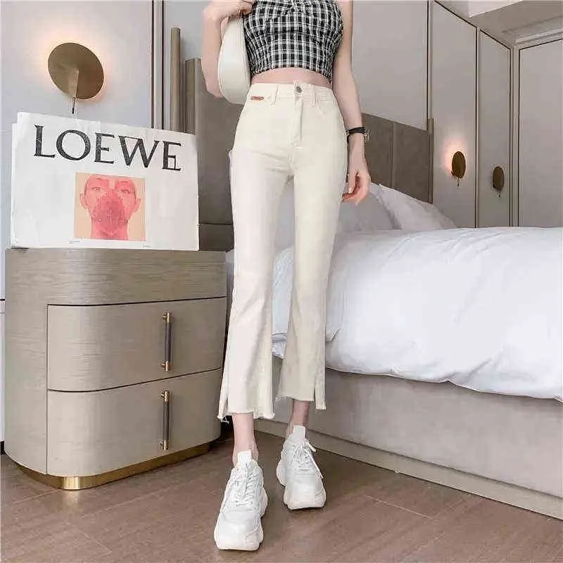Micro-Loose Women Jeans 2021 Female Autumn Korean Style Eight-Point Section High Waist Wide-Leg cropped Flared Pants Summer D L220726
