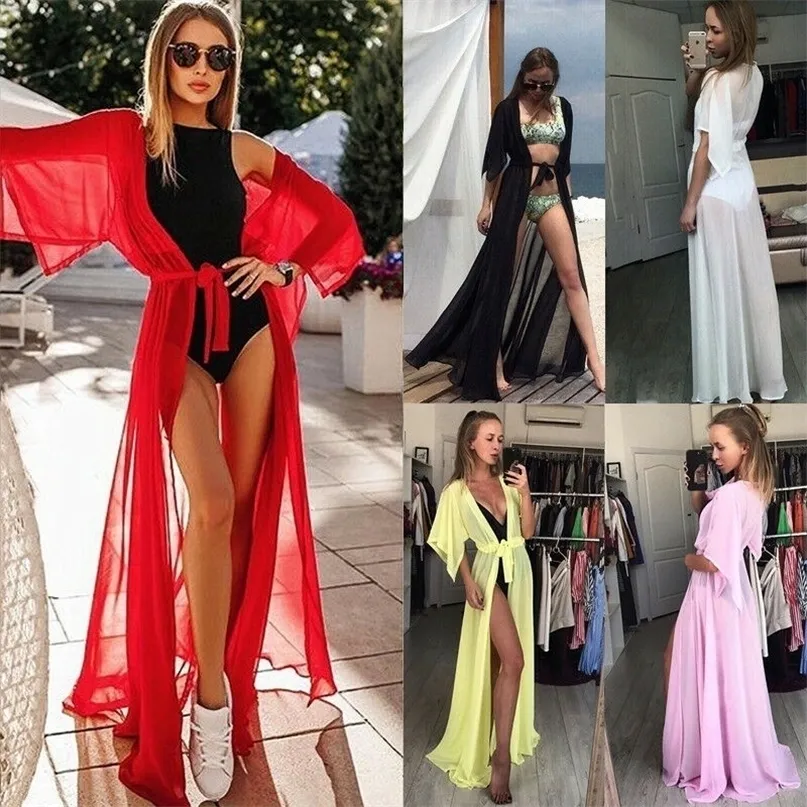 Été dame plage couvrir Sexy Bikini en mousseline de soie longue robe pour les femmes solide robe de plage femmes maillot de bain tunique de plage caftan 220504